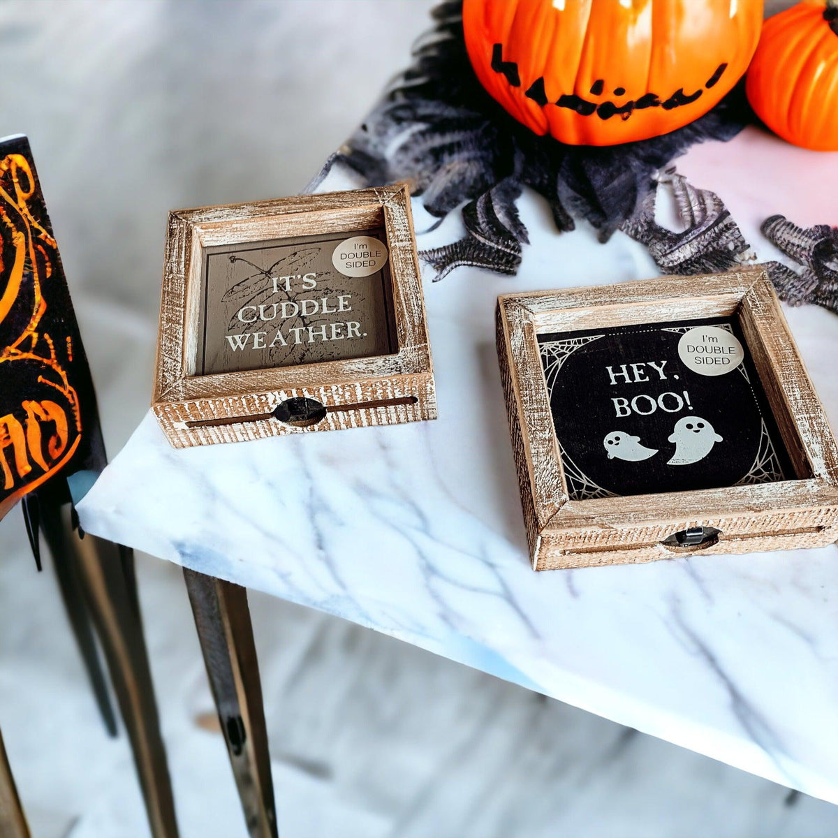 Double-Sided Wood Framed Sign "Hey Boo" + "It's Cuddle Weather"