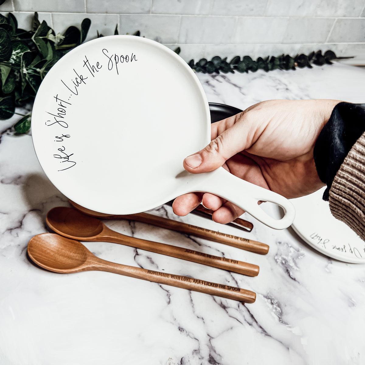 Cursive "Life is Short...Lick the Spoon" Spoon Rest & Wooden Spoon — Select Your Color & Spoon