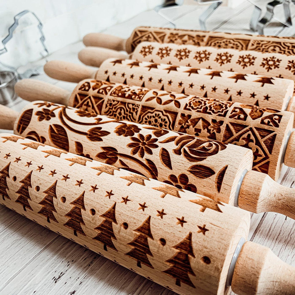 Handmade Wooden Embossed Christmas Rolling Pin Set — Select Your Style & Size