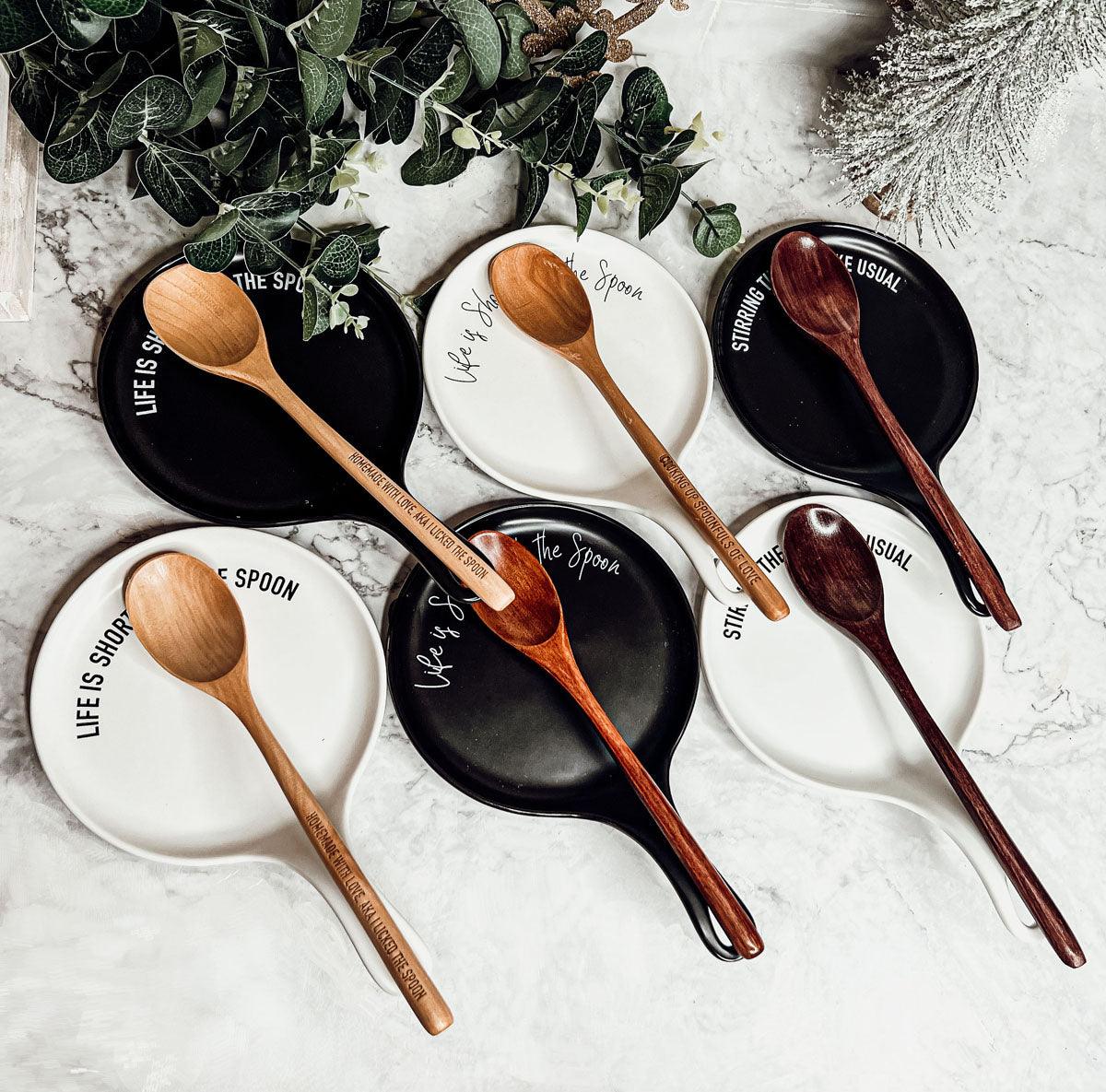 Bold "Life is Short...Lick the Spoon" Spoon Rest & Wooden Spoon — Select Your Color & Spoon