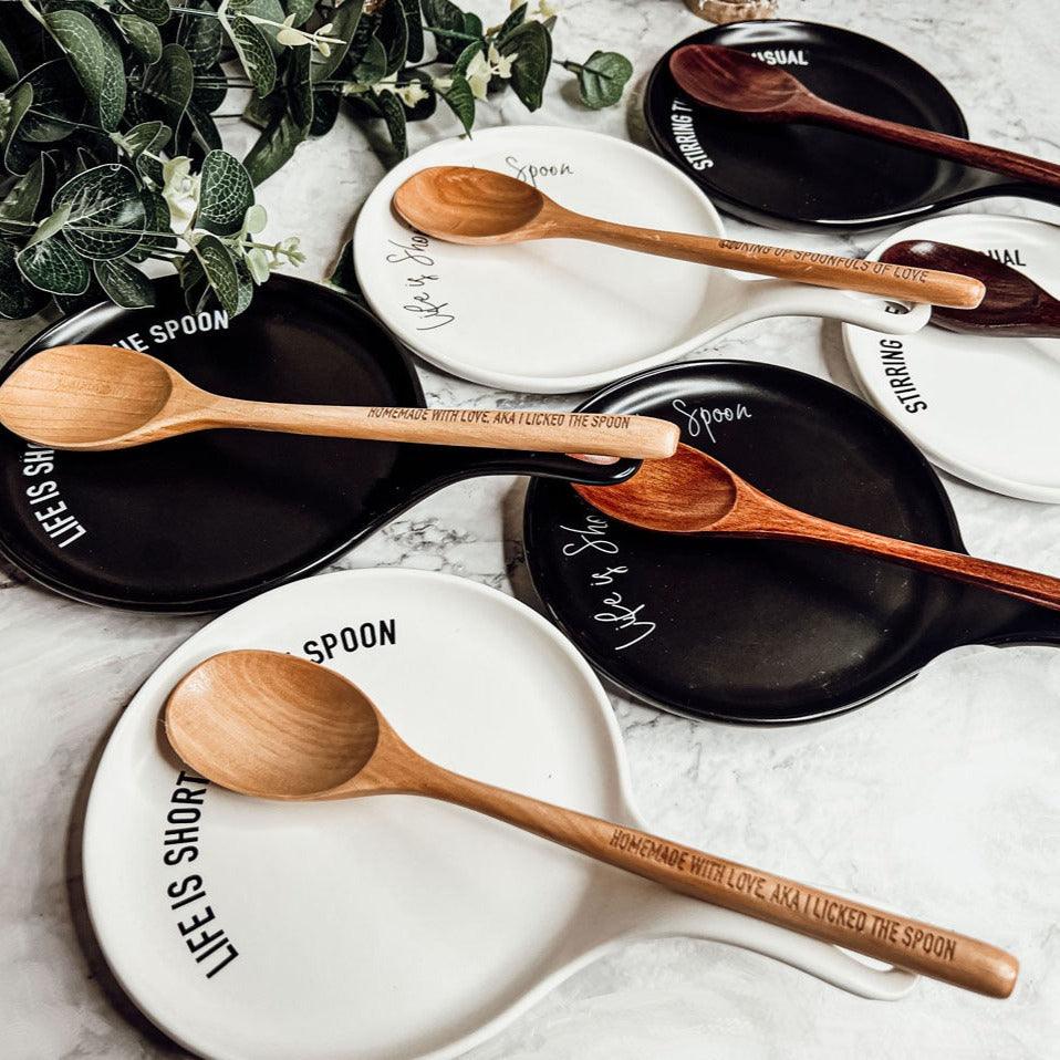 Bold "Life is Short...Lick the Spoon" Spoon Rest & Wooden Spoon — Select Your Color & Spoon