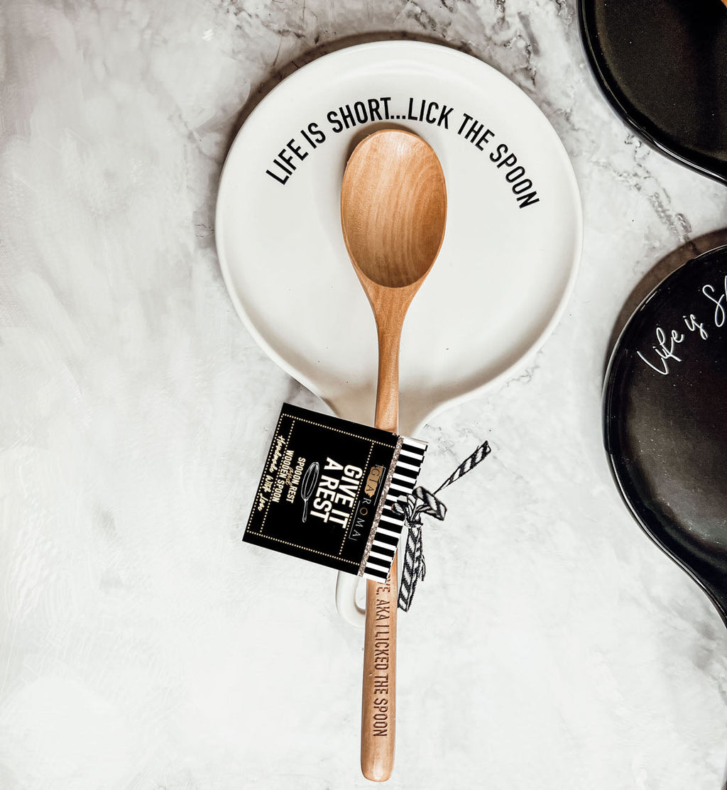 Bold "Life is Short...Lick the Spoon" Spoon Rest & Wooden Spoon — Select Your Color & Spoon