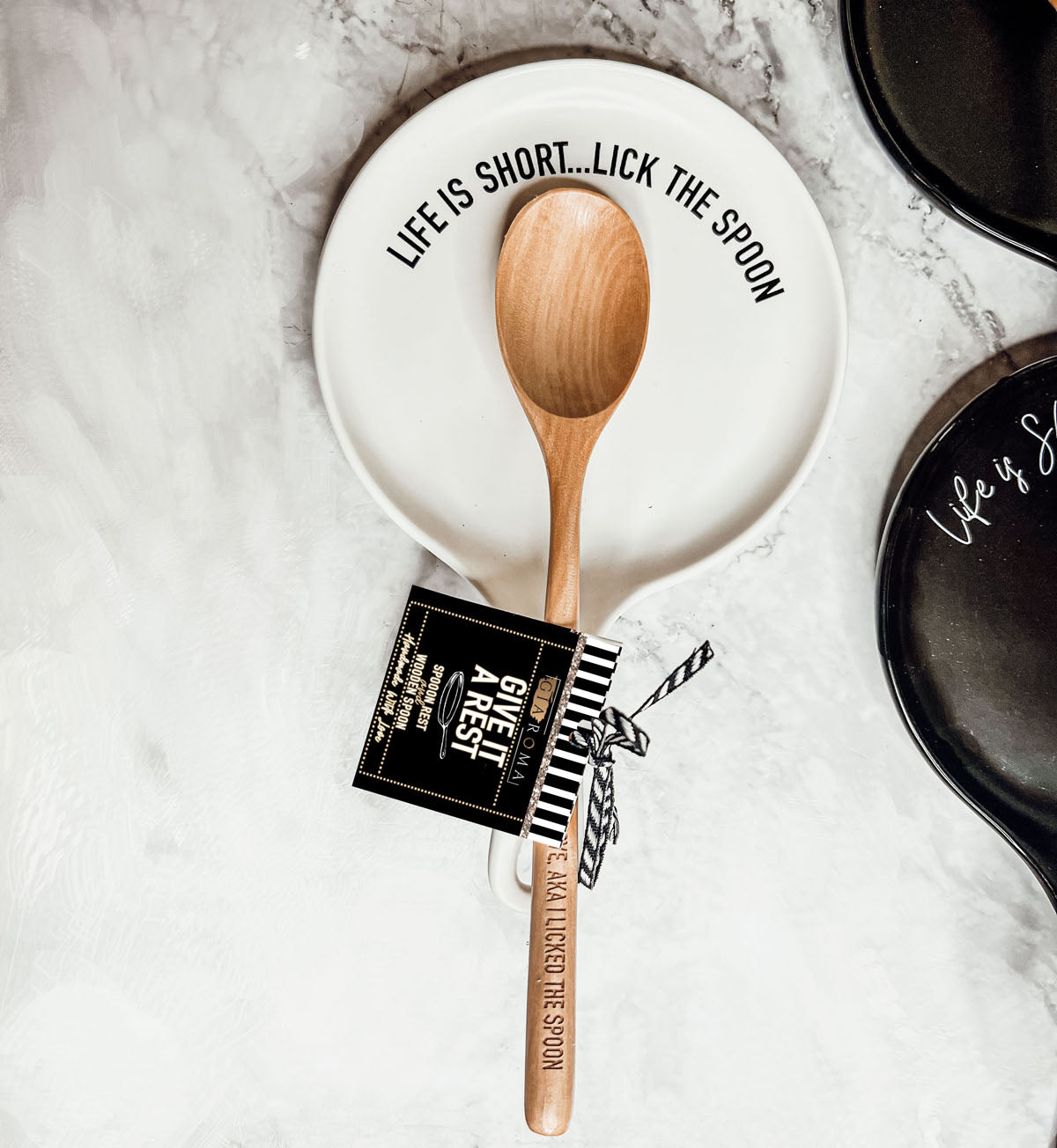 Bold "Life is Short...Lick the Spoon" Spoon Rest & Wooden Spoon — Select Your Color & Spoon
