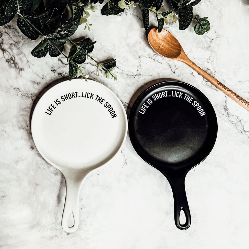 Bold "Life is Short...Lick the Spoon" Spoon Rest & Wooden Spoon — Select Your Color & Spoon