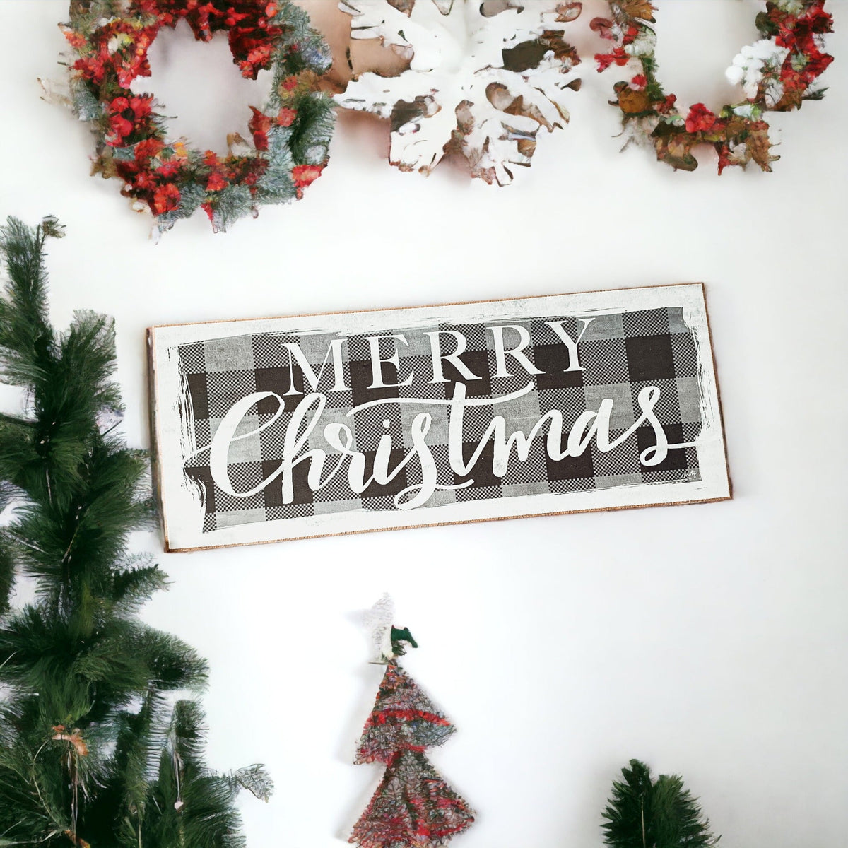 Handmade Wooden Buffalo Check "Merry Christmas" Sign