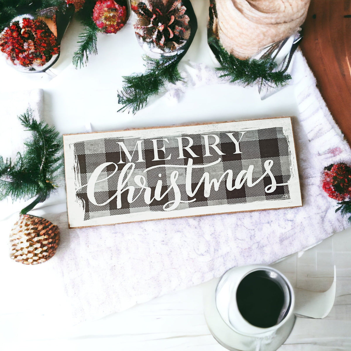 Handmade Wooden Buffalo Check "Merry Christmas" Sign
