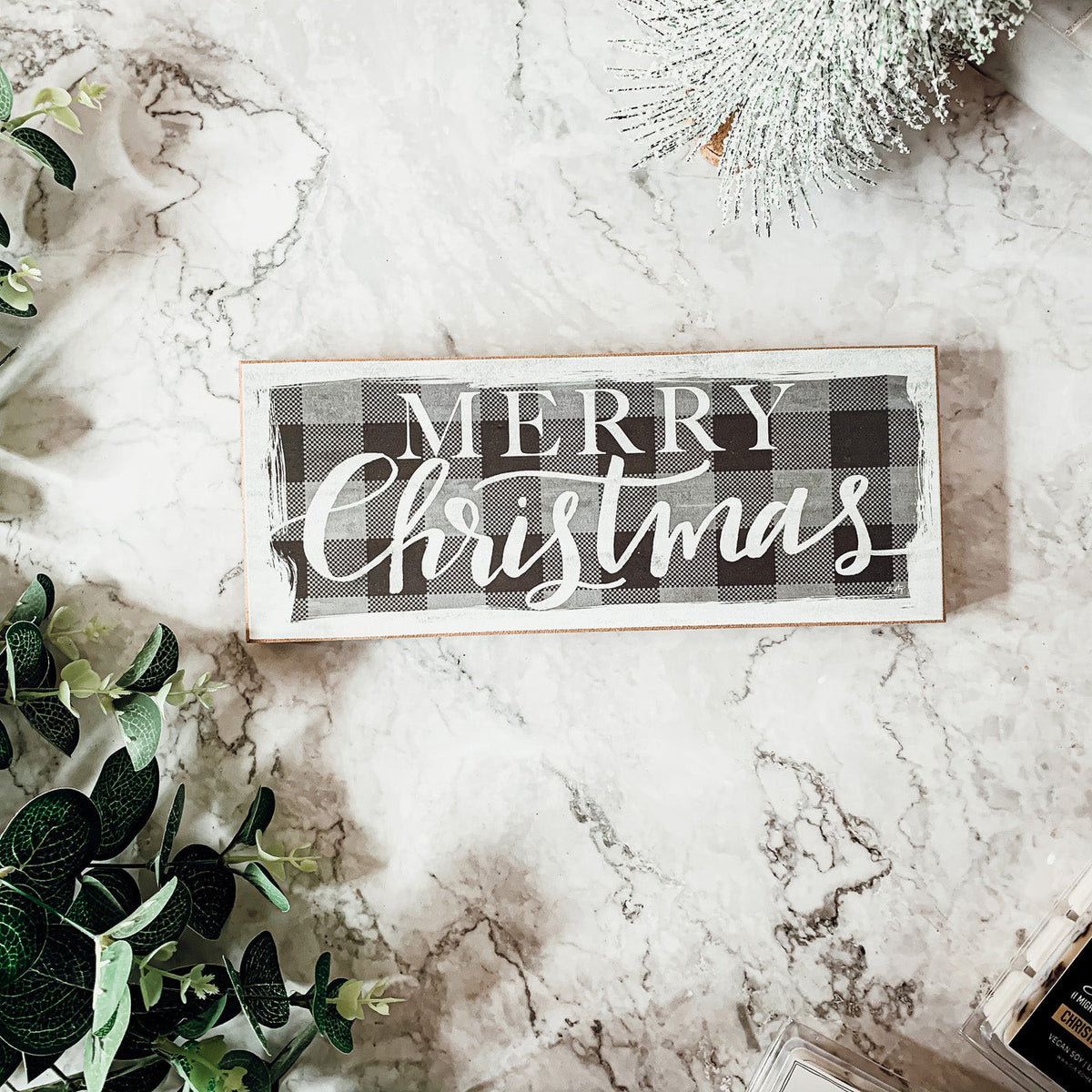 Handmade Wooden Buffalo Check "Merry Christmas" Sign