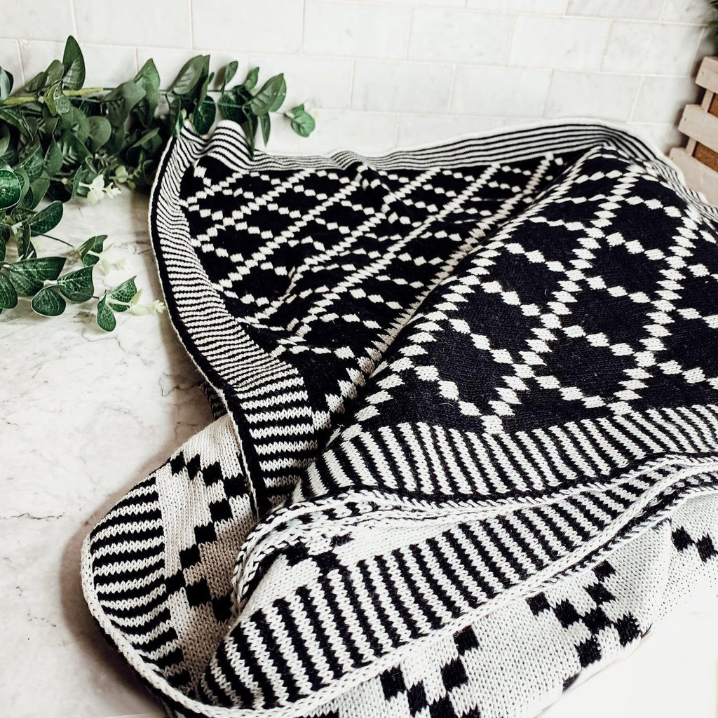 Geo Double-Sided Medium Weight Cotton Soft Knit Throw Blanket — Select Your Color
