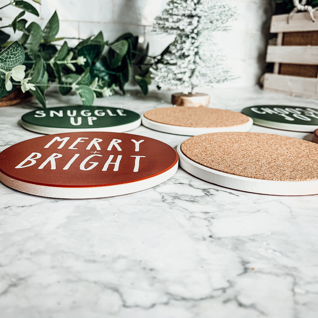 Minimalist Christmas Premium Ceramic Coasters with Cork Back — Select Your Pack & Color