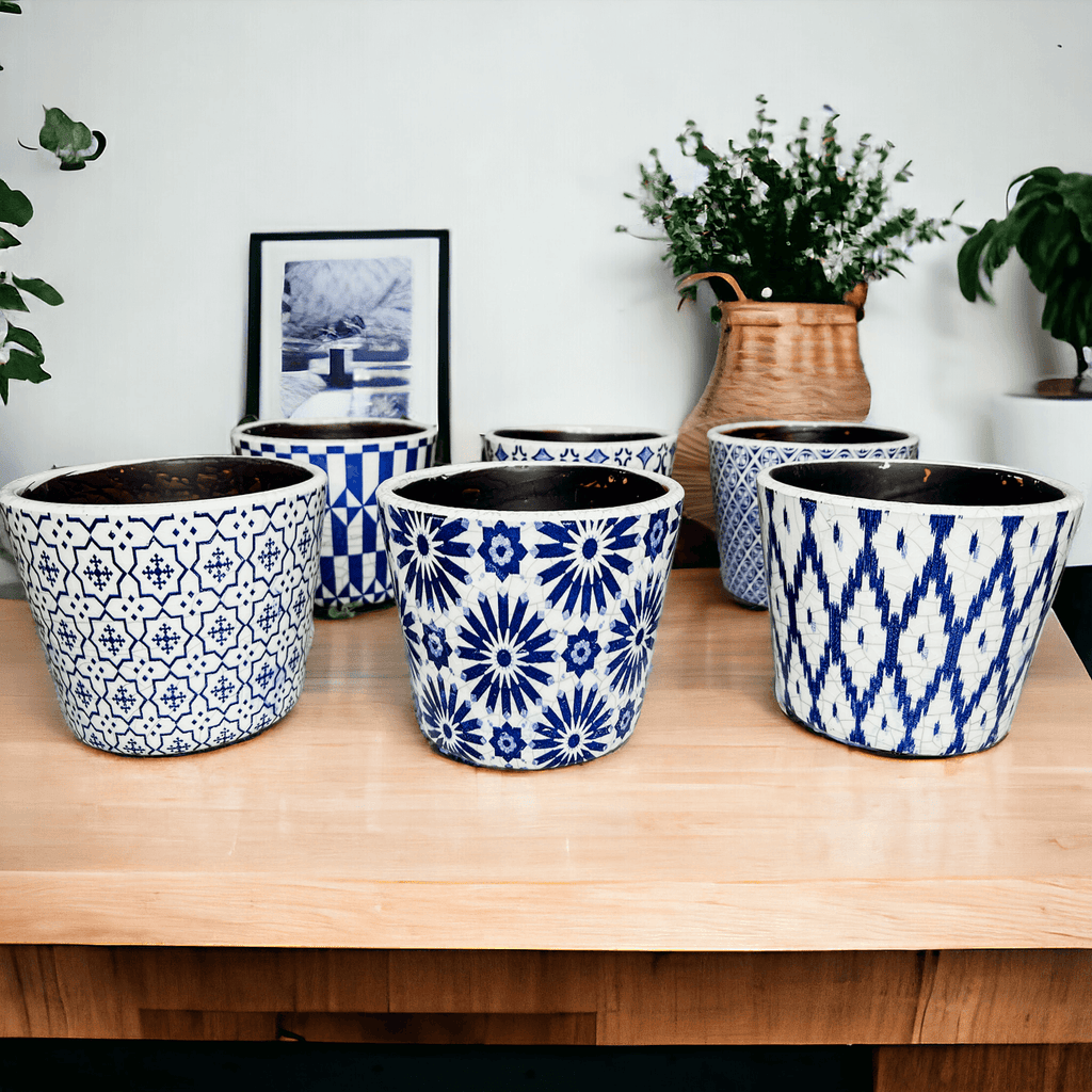 Handmade Rustic Blue & White Patterned Terracotta Pot with Crackle Finish — Select Your Design