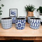 Handmade Rustic Blue & White Patterned Terracotta Pot with Crackle Finish — Select Your Design
