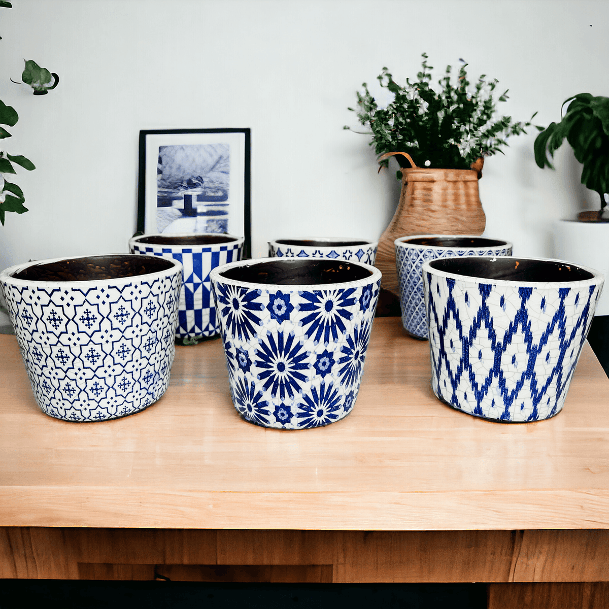 Handmade Rustic Blue & White Patterned Terracotta Pot with Crackle Finish — Select Your Design