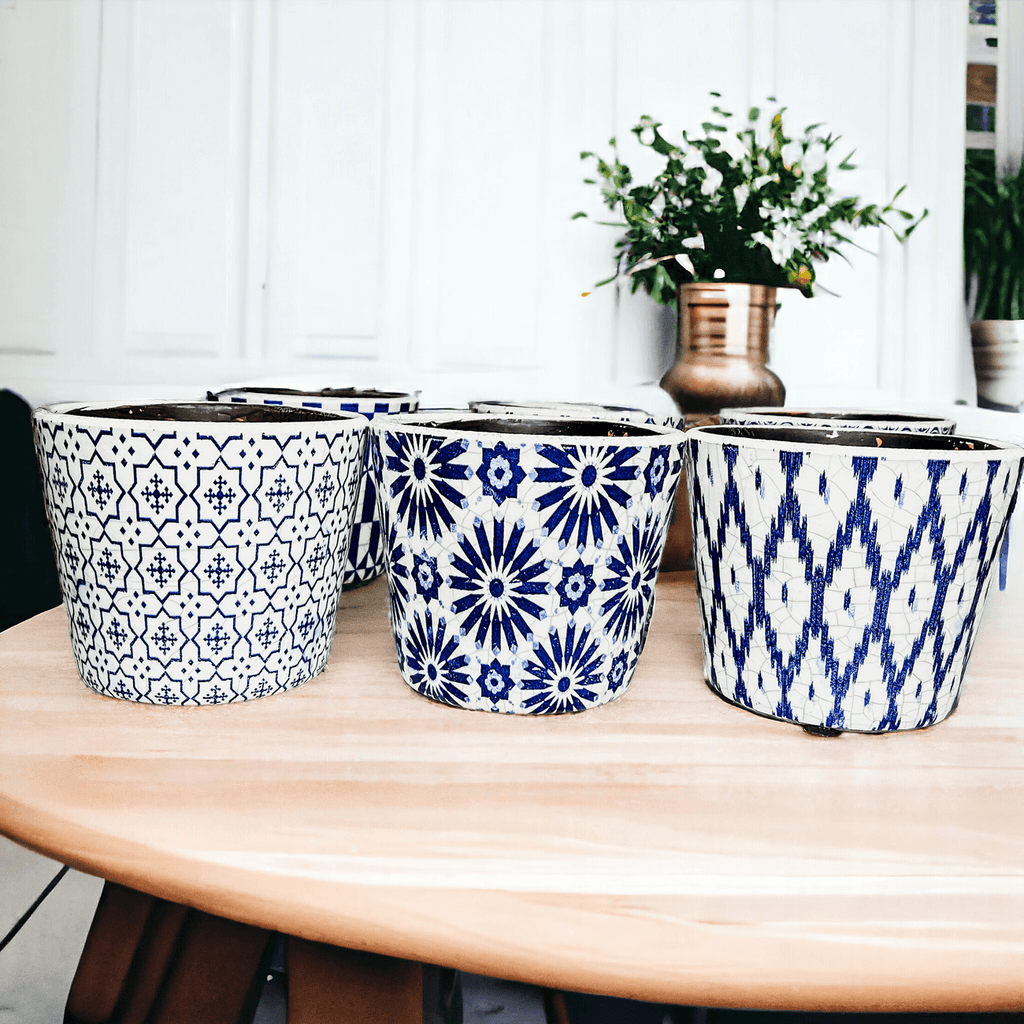 Handmade Rustic Blue & White Patterned Terracotta Pot with Crackle Finish — Select Your Design