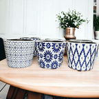 Handmade Rustic Blue & White Patterned Terracotta Pot with Crackle Finish — Select Your Design