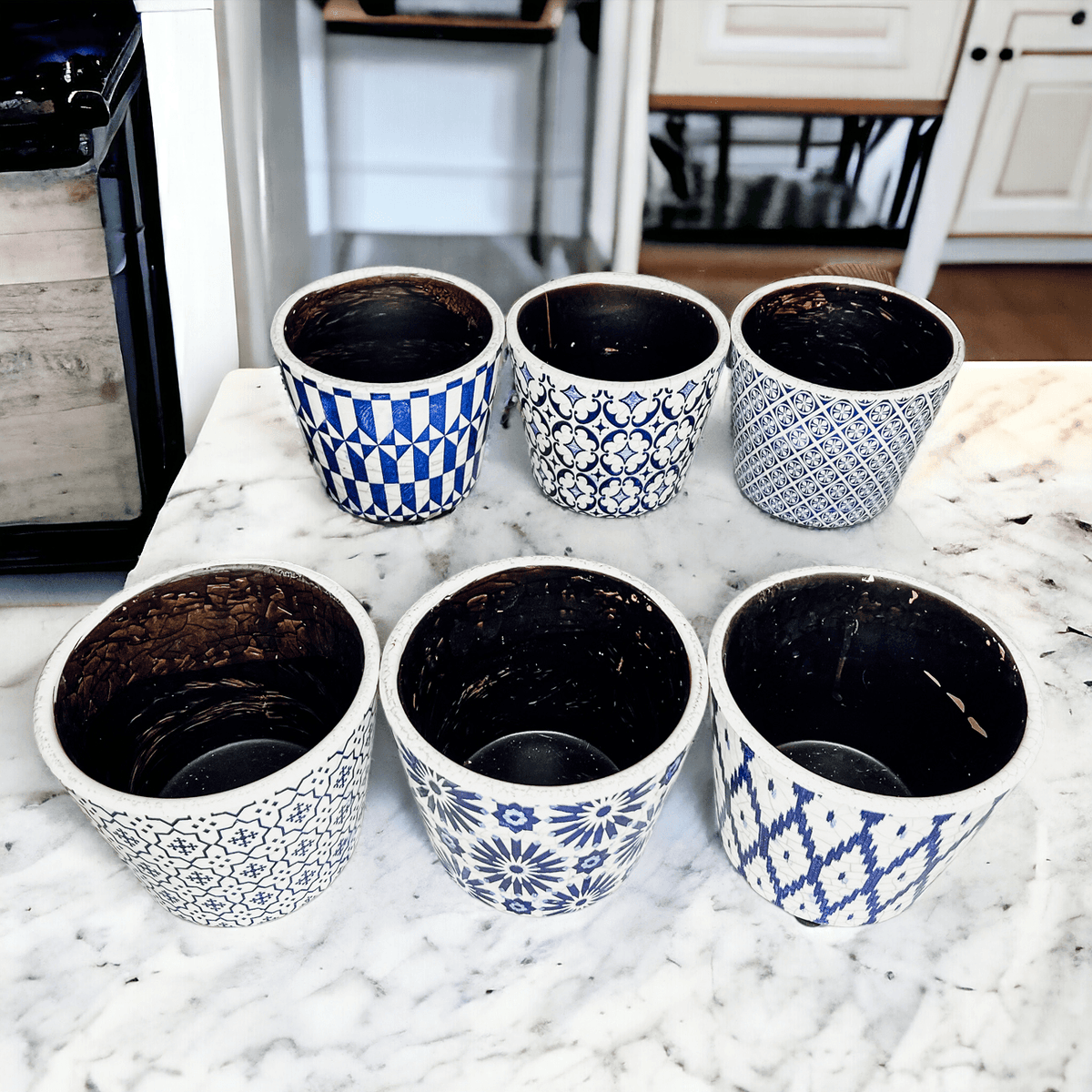 Handmade Rustic Blue & White Patterned Terracotta Pot with Crackle Finish — Select Your Design