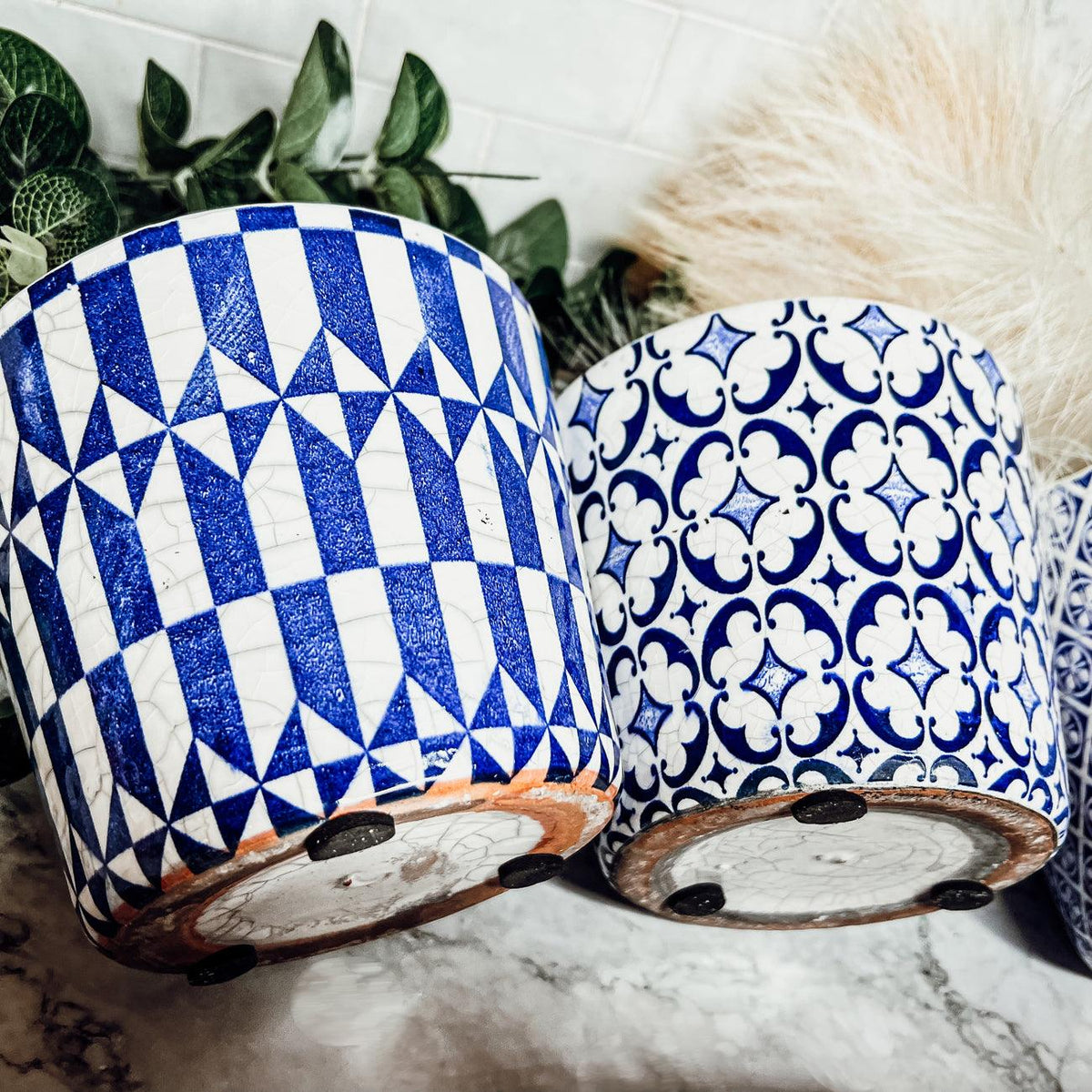 Handmade Rustic Blue & White Patterned Terracotta Pot with Crackle Finish — Select Your Design