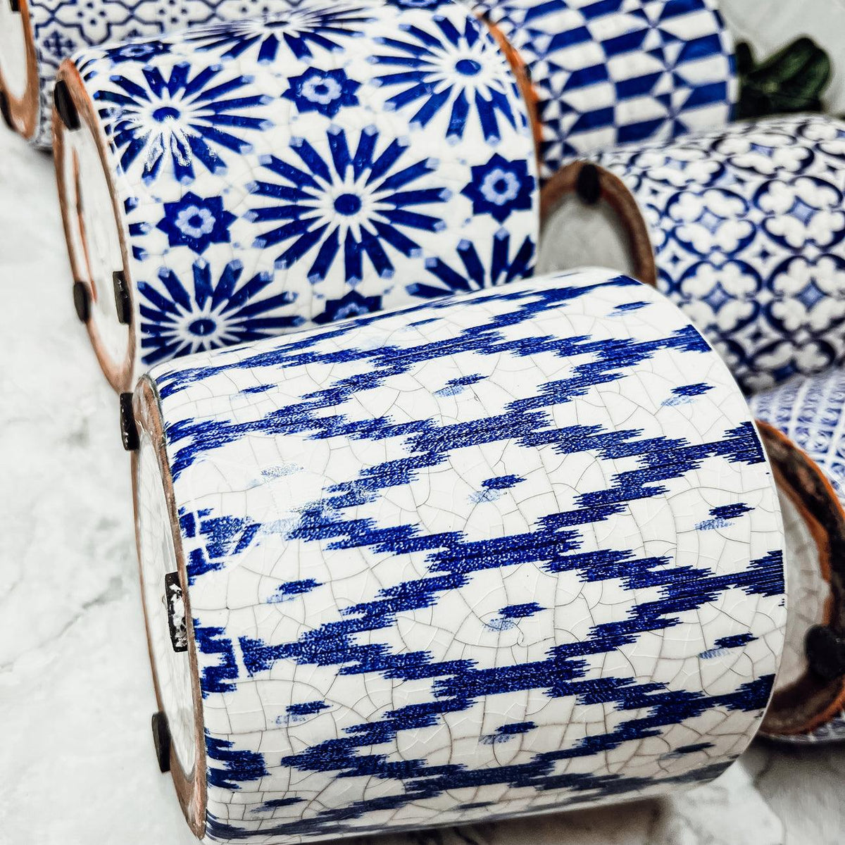 Handmade Rustic Blue & White Patterned Terracotta Pot with Crackle Finish — Select Your Design
