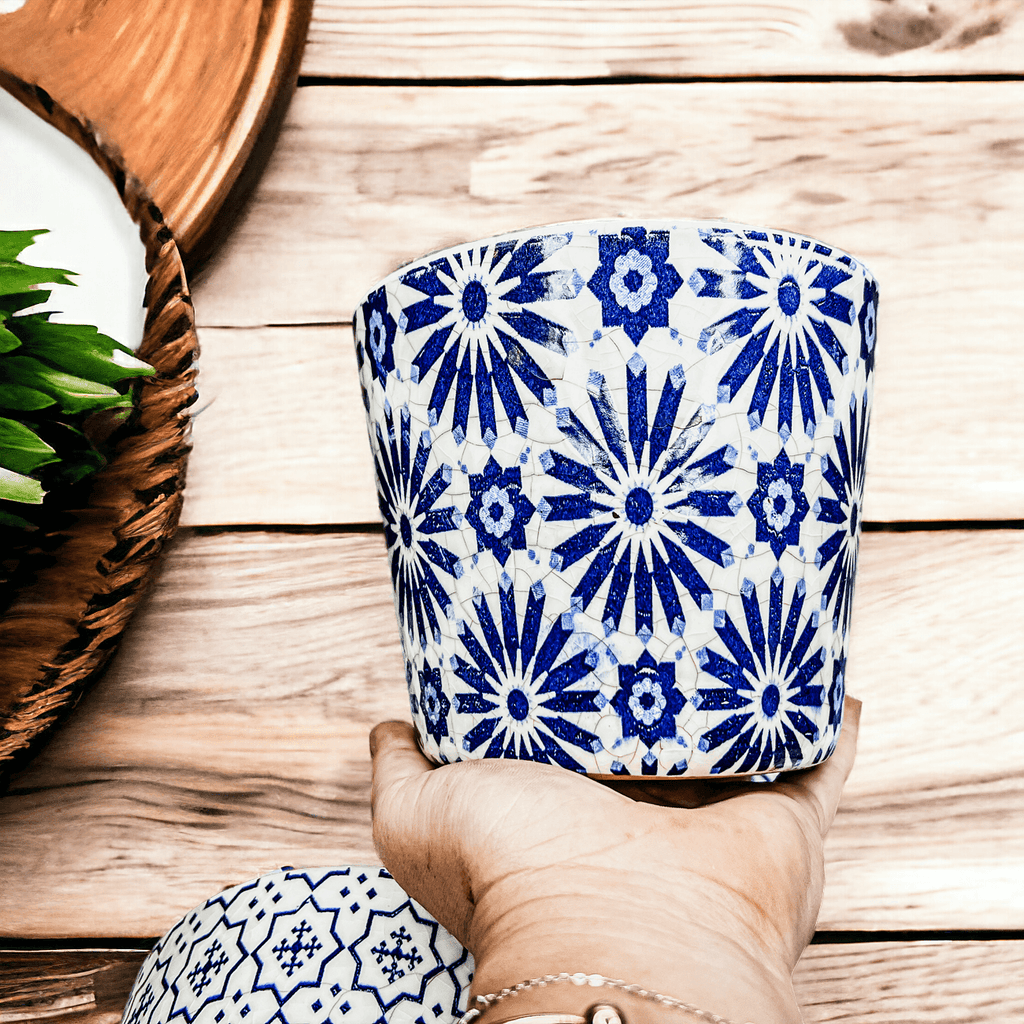 Handmade Rustic Blue & White Patterned Terracotta Pot with Crackle Finish — Select Your Design