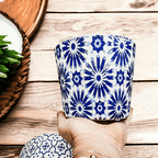 Handmade Rustic Blue & White Patterned Terracotta Pot with Crackle Finish — Select Your Design
