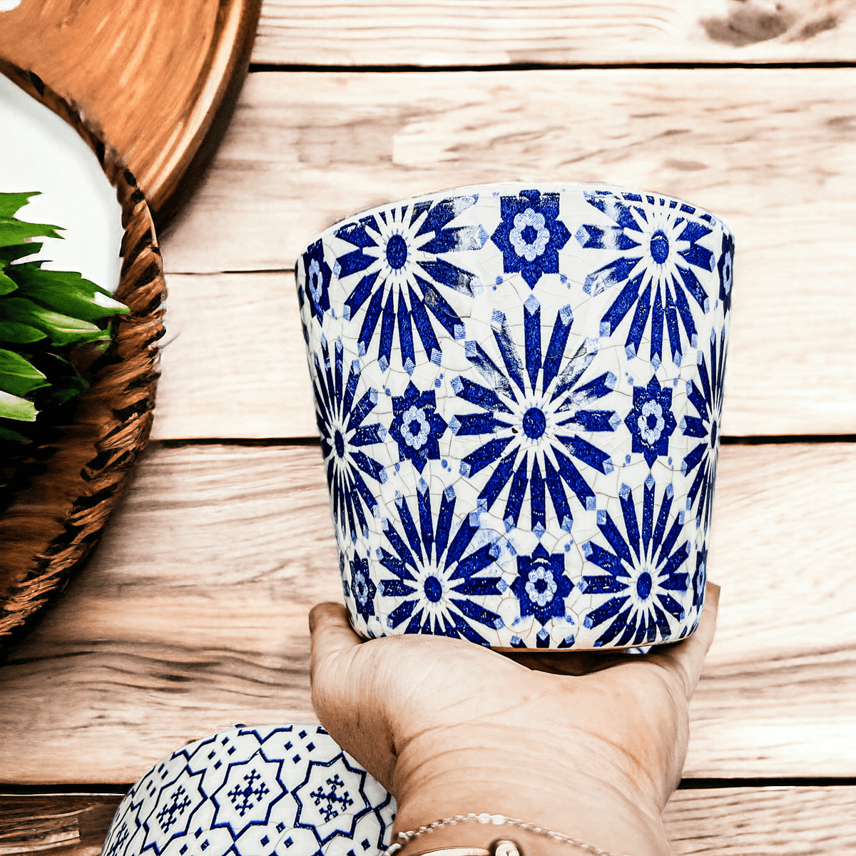 Handmade Rustic Blue & White Patterned Terracotta Pot with Crackle Finish — Select Your Design