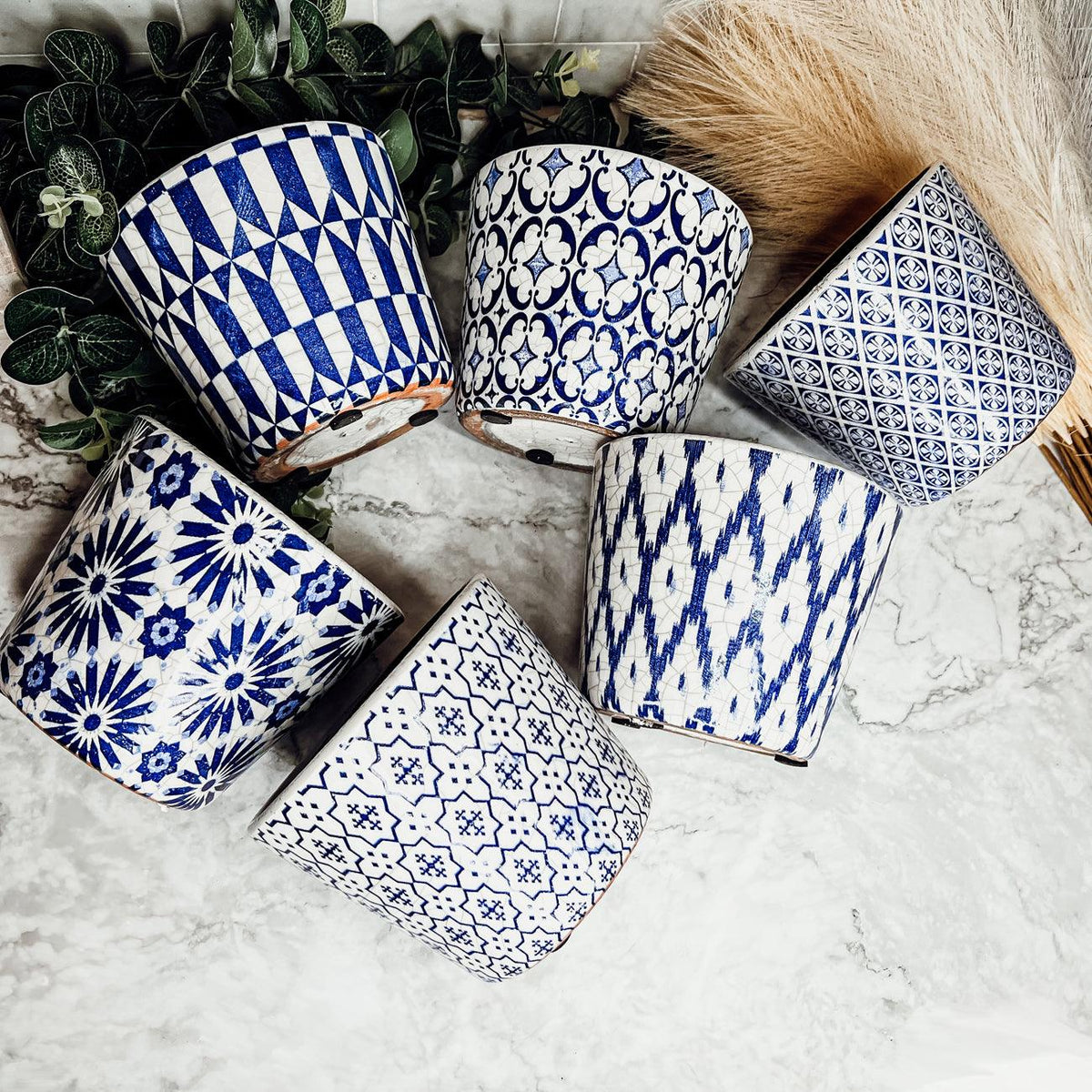 Handmade Rustic Blue & White Patterned Terracotta Pot with Crackle Finish — Select Your Design