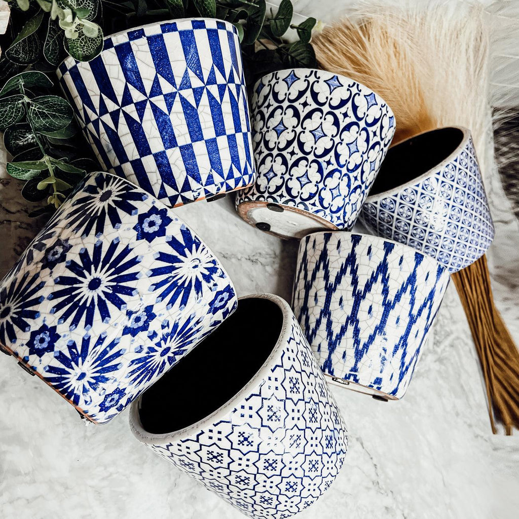 Handmade Rustic Blue & White Patterned Terracotta Pot with Crackle Finish — Select Your Design