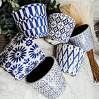 Handmade Rustic Blue & White Patterned Terracotta Pot with Crackle Finish — Select Your Design
