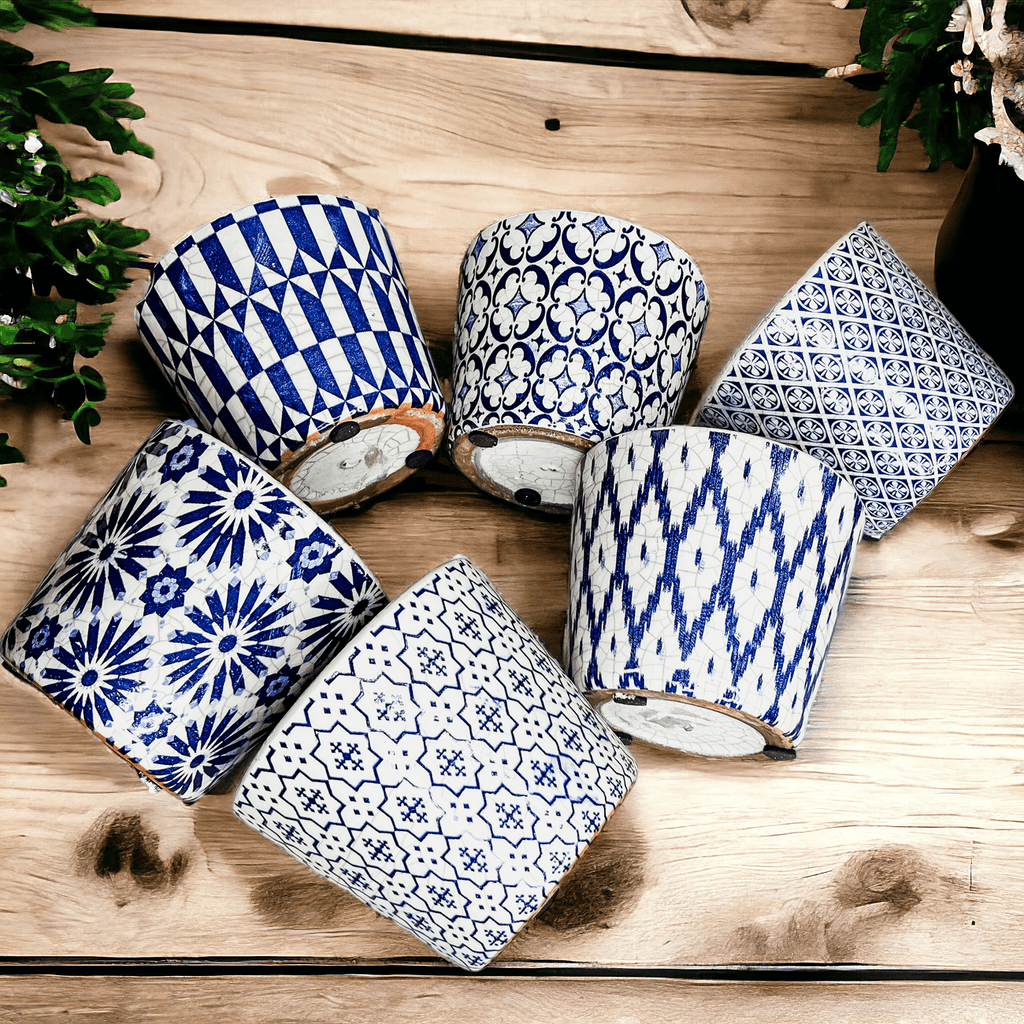 Handmade Rustic Blue & White Patterned Terracotta Pot with Crackle Finish — Select Your Design