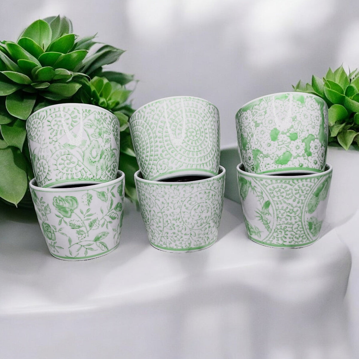 Hand-Painted Porcelain Mini Green Cachepots— Select Your Design