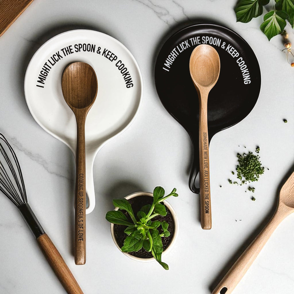 " I Might Lick the Spoon & Keep Cooking" Spoon Rest & Wooden Spoon — Select Your Color & Spoon
