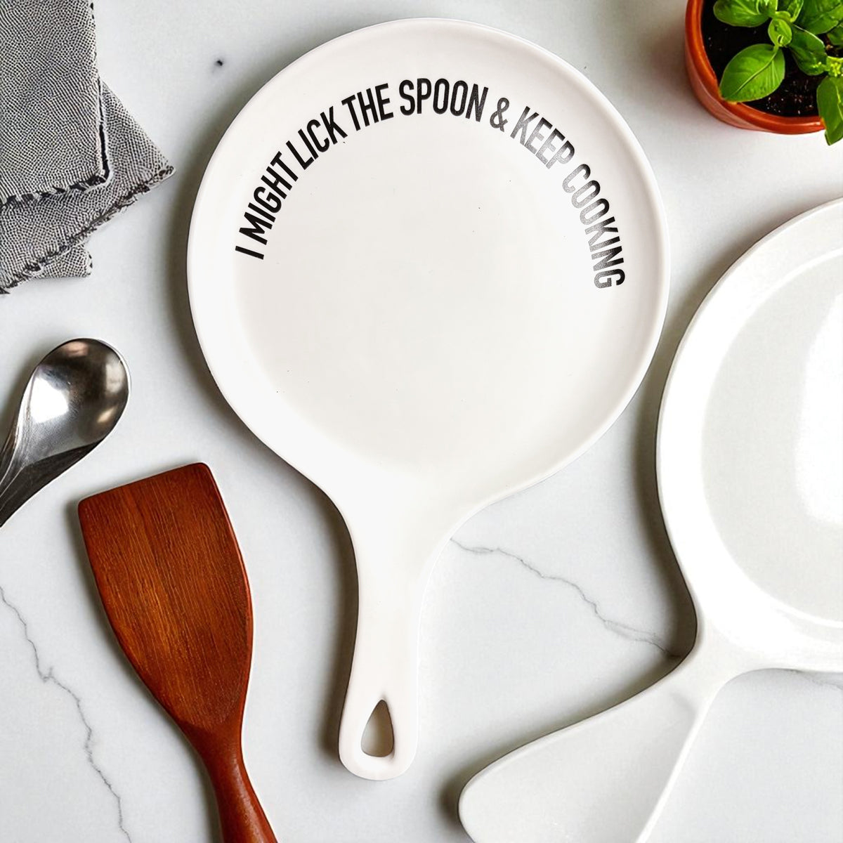 " I Might Lick the Spoon & Keep Cooking" Spoon Rest & Wooden Spoon — Select Your Color & Spoon