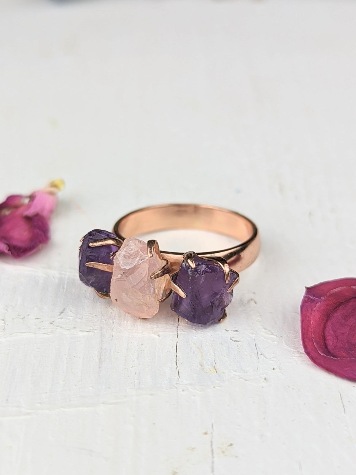 Amethyst/Rose Quartz Cluster Ring - Rose Gold - Size 7