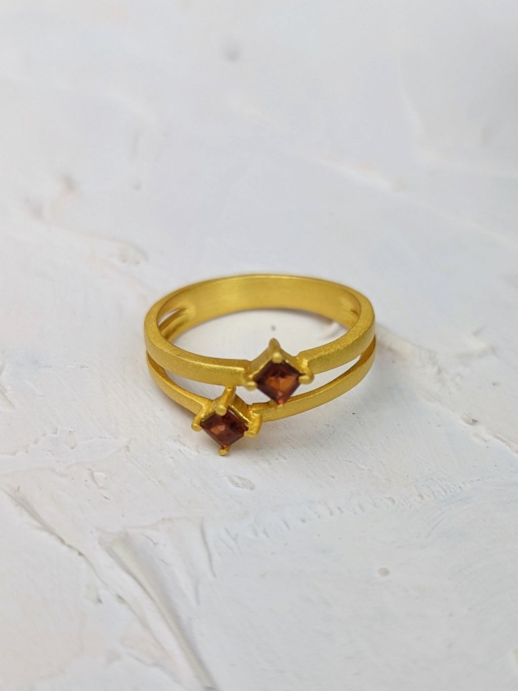 Garnet and Gold Split Shank Ring — Select Your Size