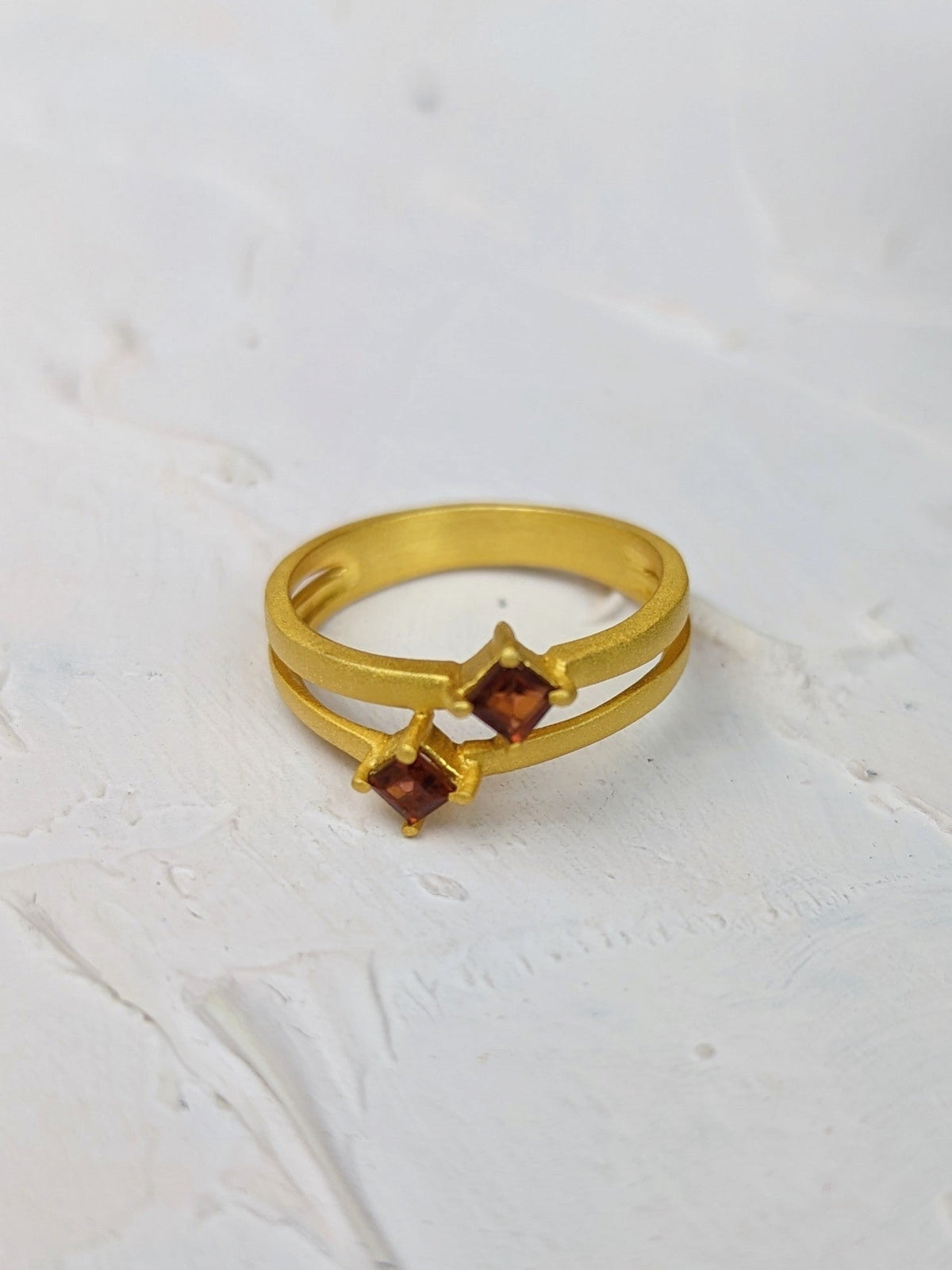 Garnet and Gold Split Shank Ring — Select Your Size