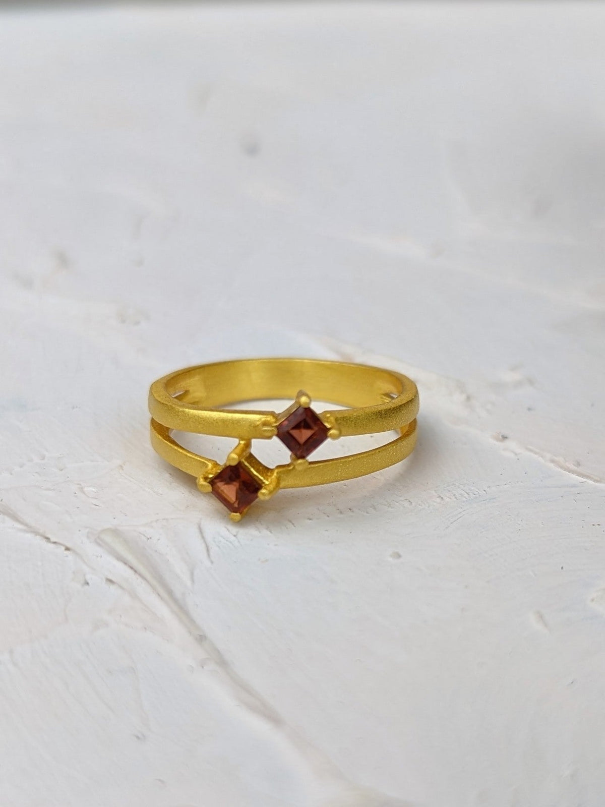 Garnet and Gold Split Shank Ring — Select Your Size