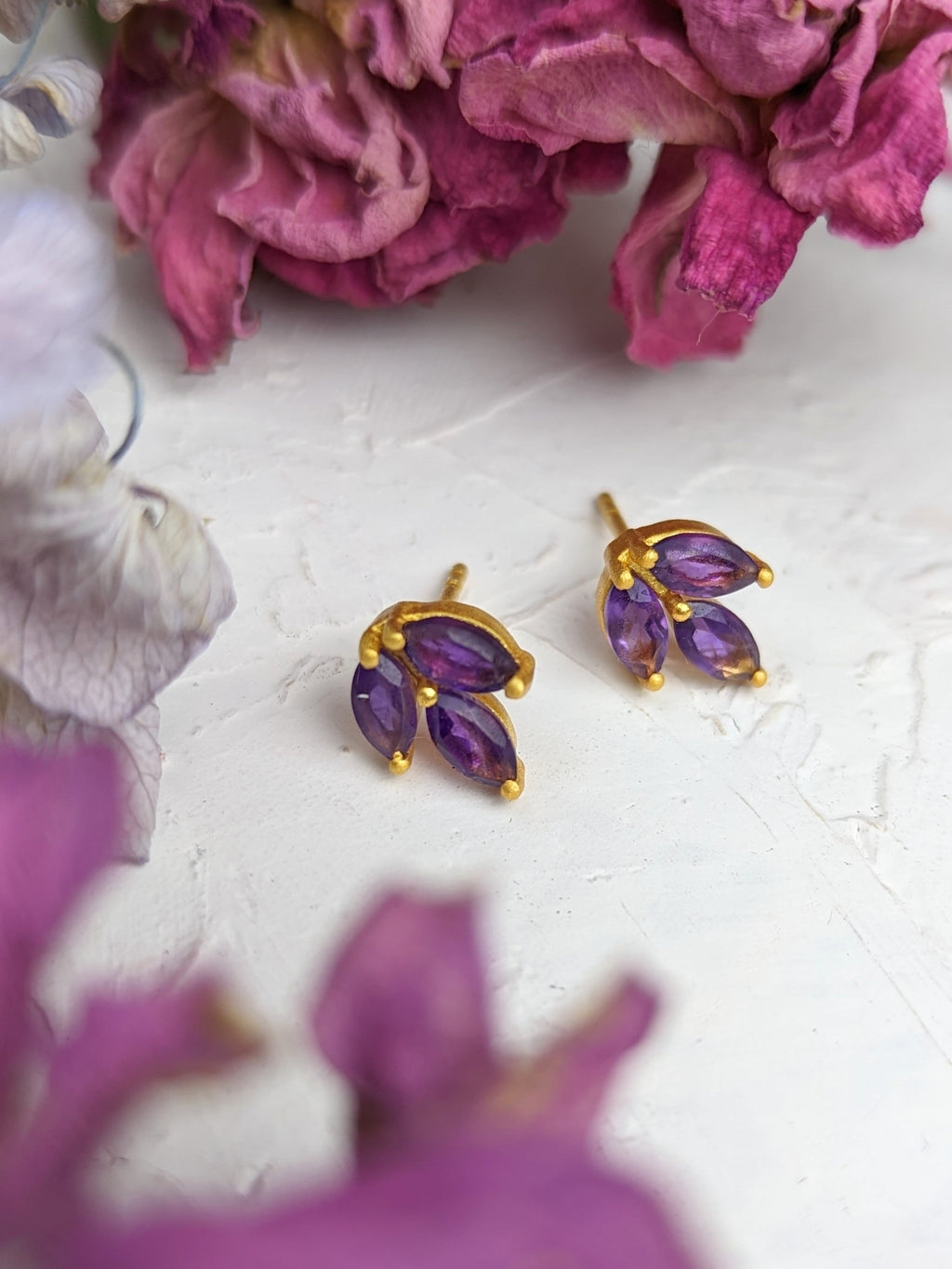 Tri Leaf Stud Earrings — Select Your Gemstone