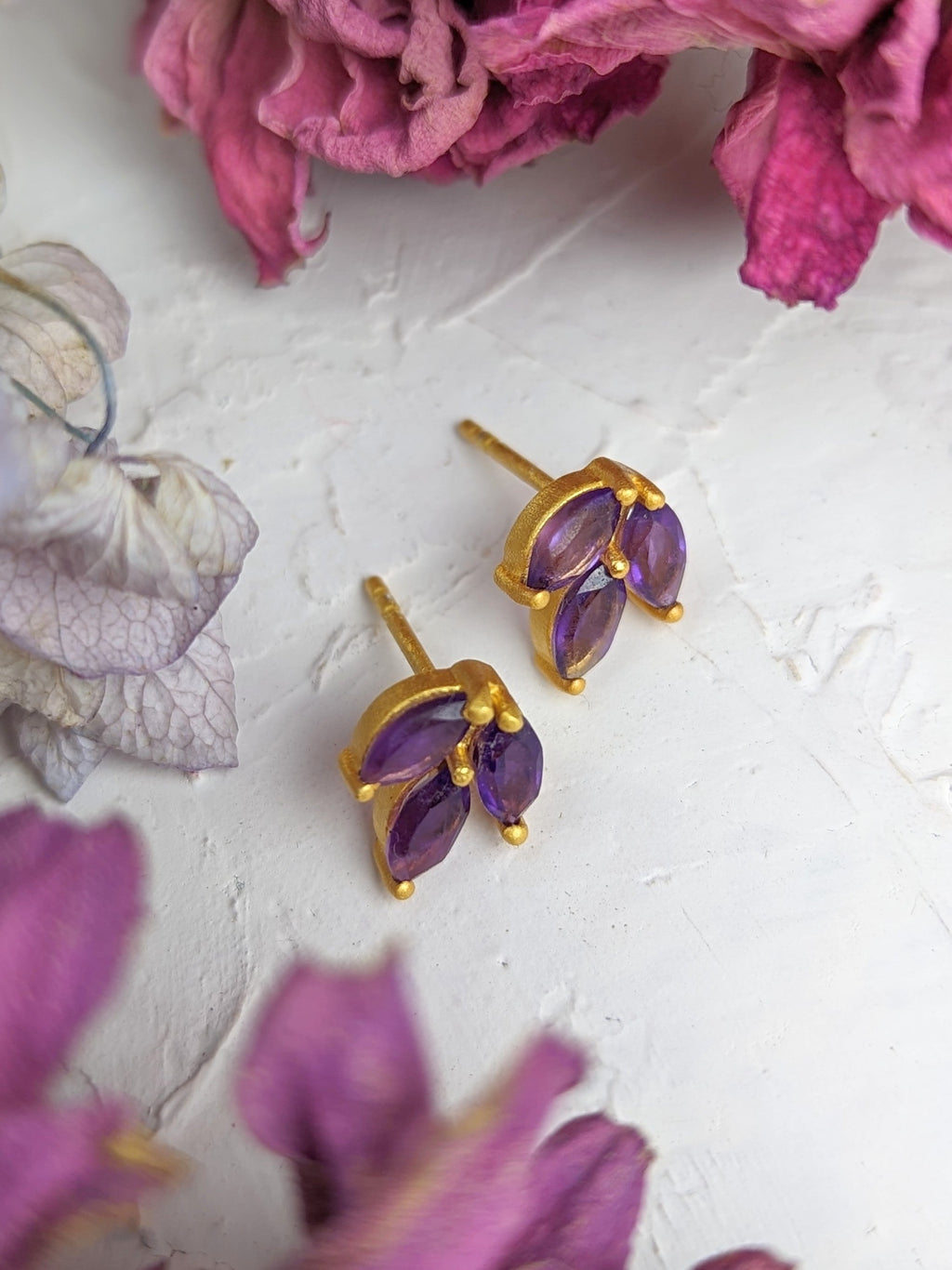 Tri Leaf Stud Earrings — Select Your Gemstone