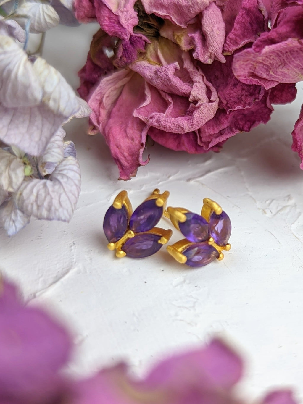 Tri Leaf Stud Earrings — Select Your Gemstone