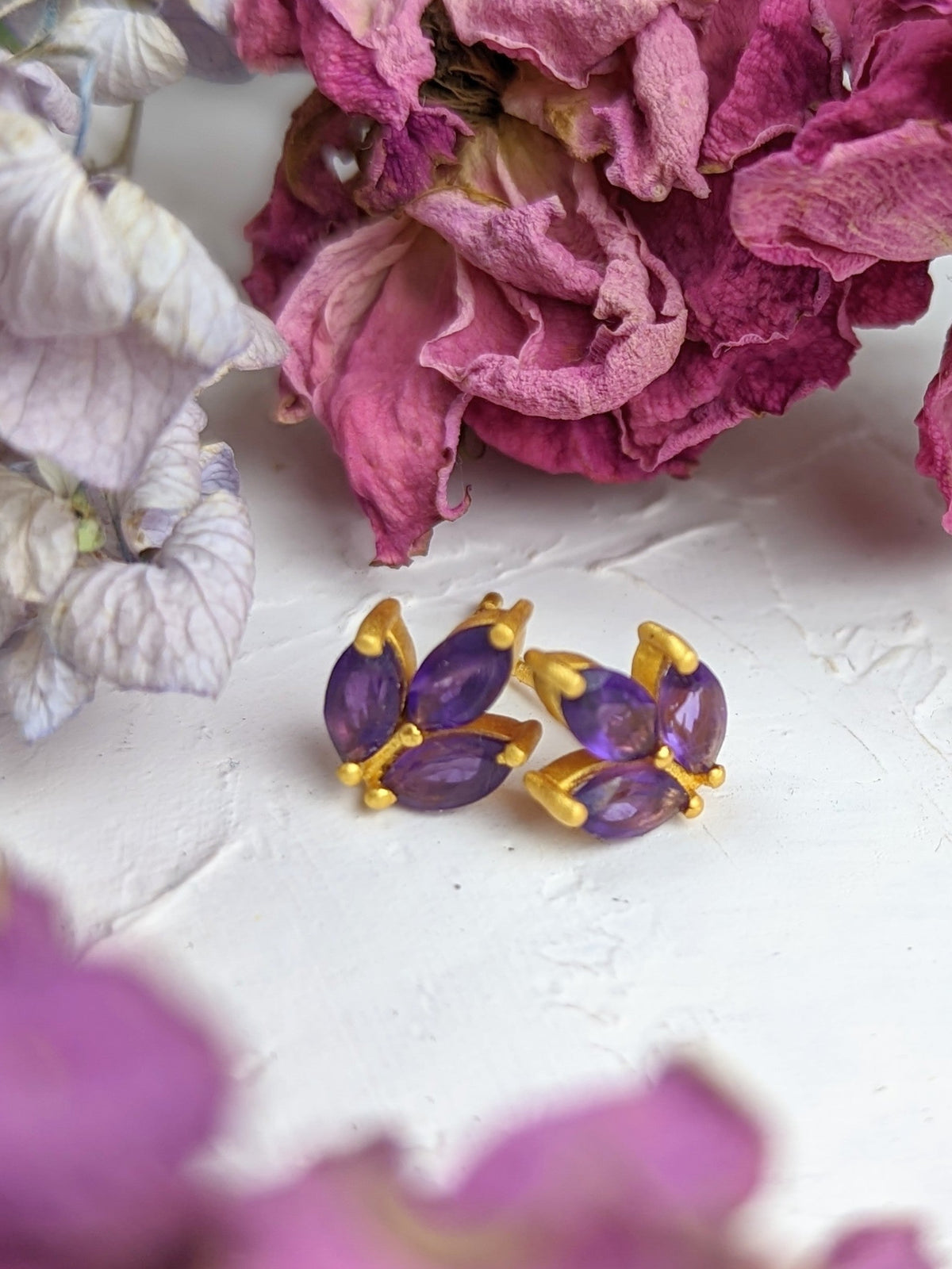 Tri Leaf Stud Earrings — Select Your Gemstone
