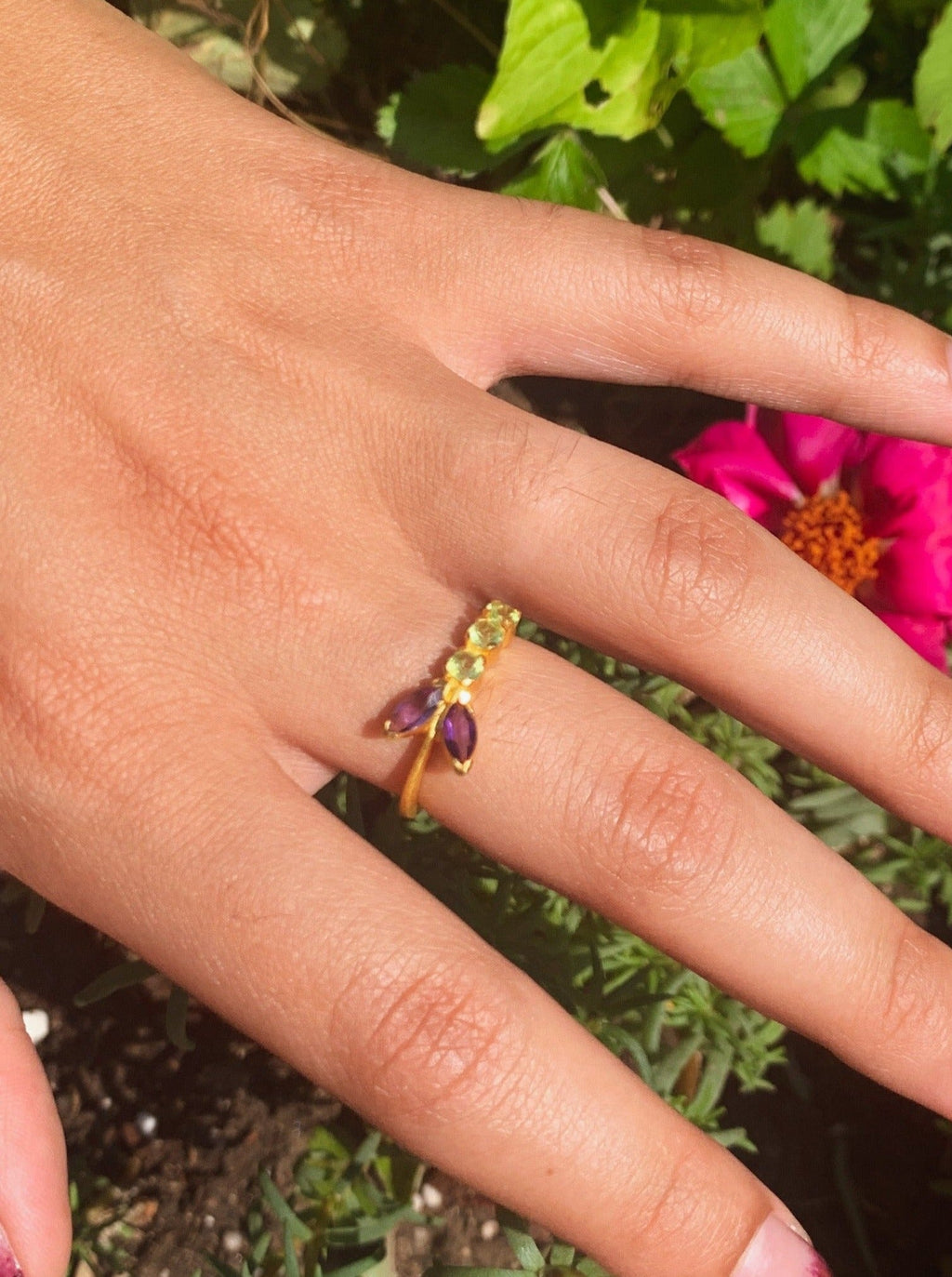Peridot and Amethyst Vine Ring — Select Your Size
