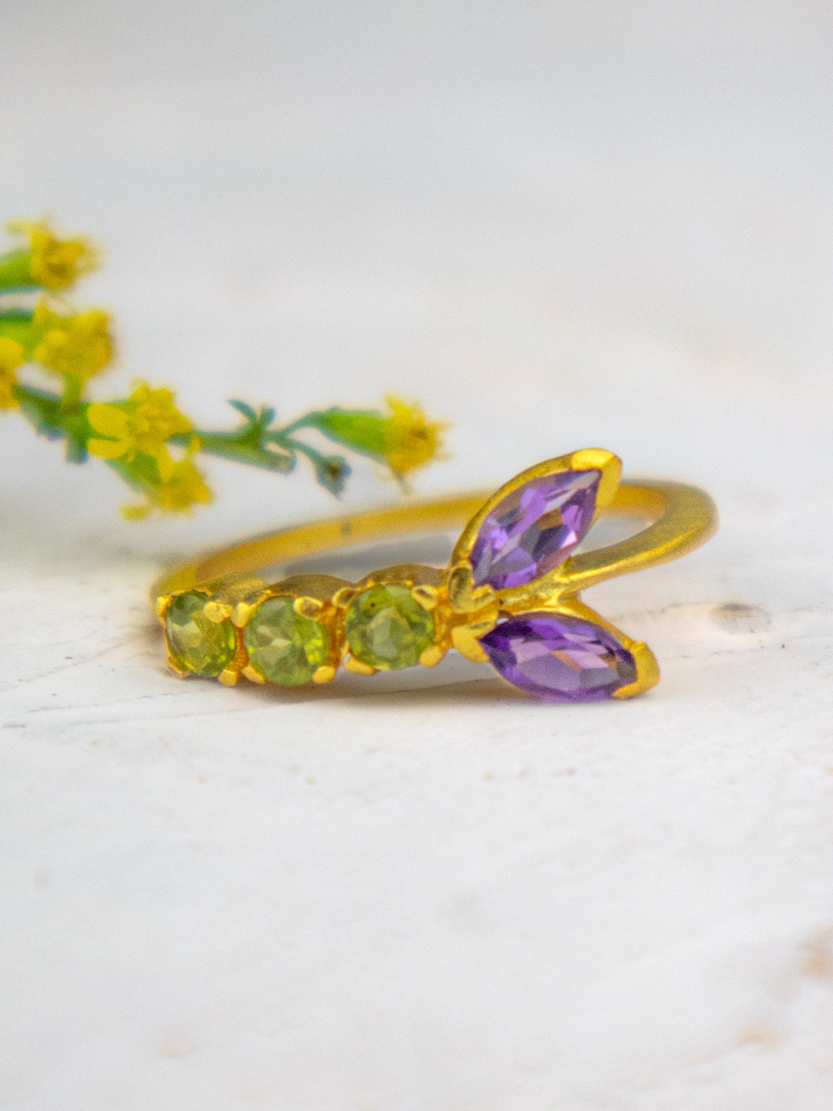Peridot and Amethyst Vine Ring — Select Your Size