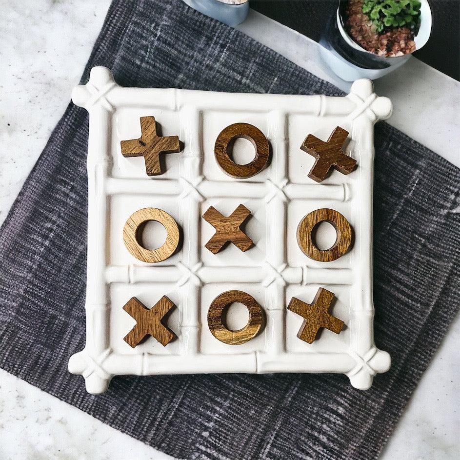 Faux Bamboo Ceramic & Acacia Wood Tic Tac Toe Game