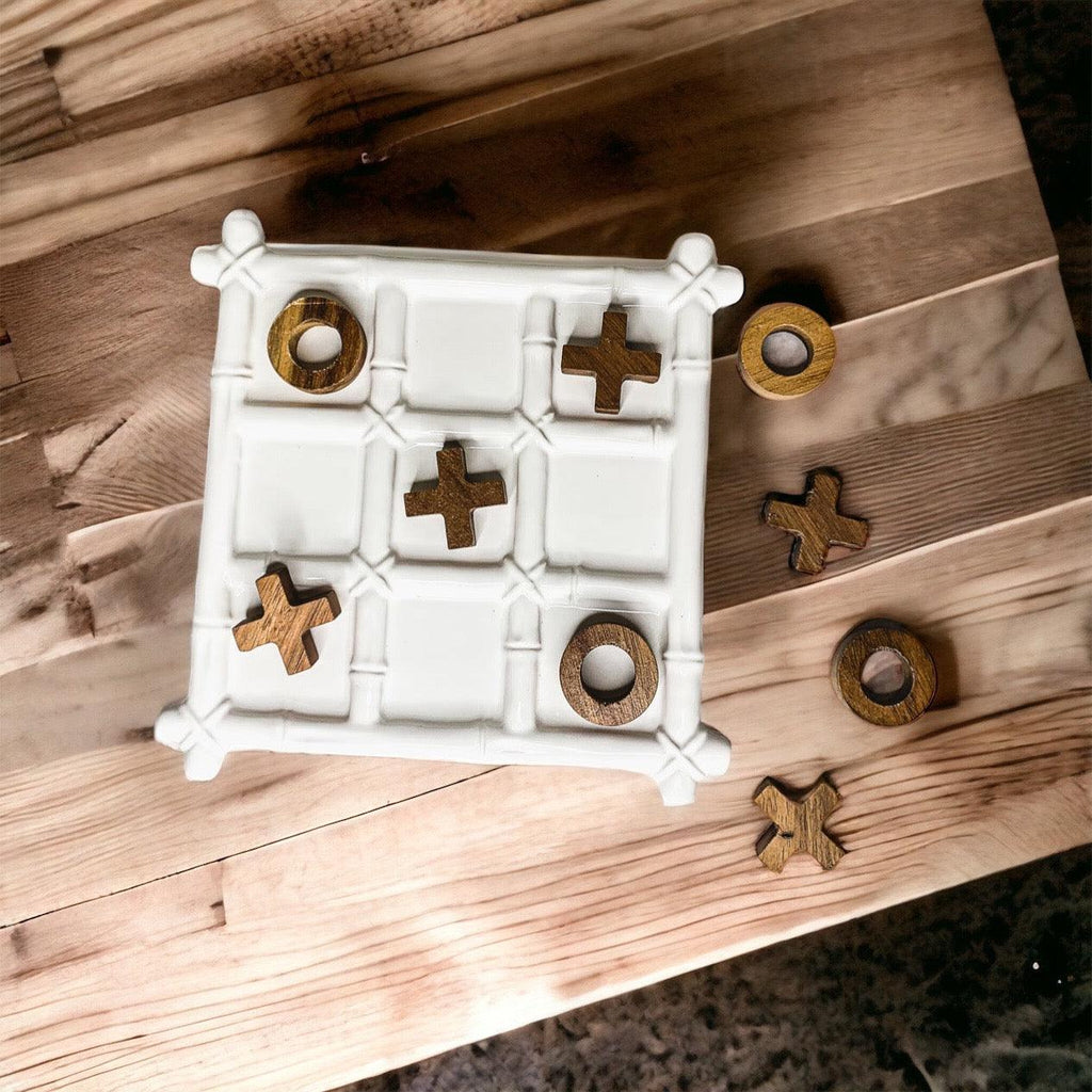 Faux Bamboo Ceramic & Acacia Wood Tic Tac Toe Game