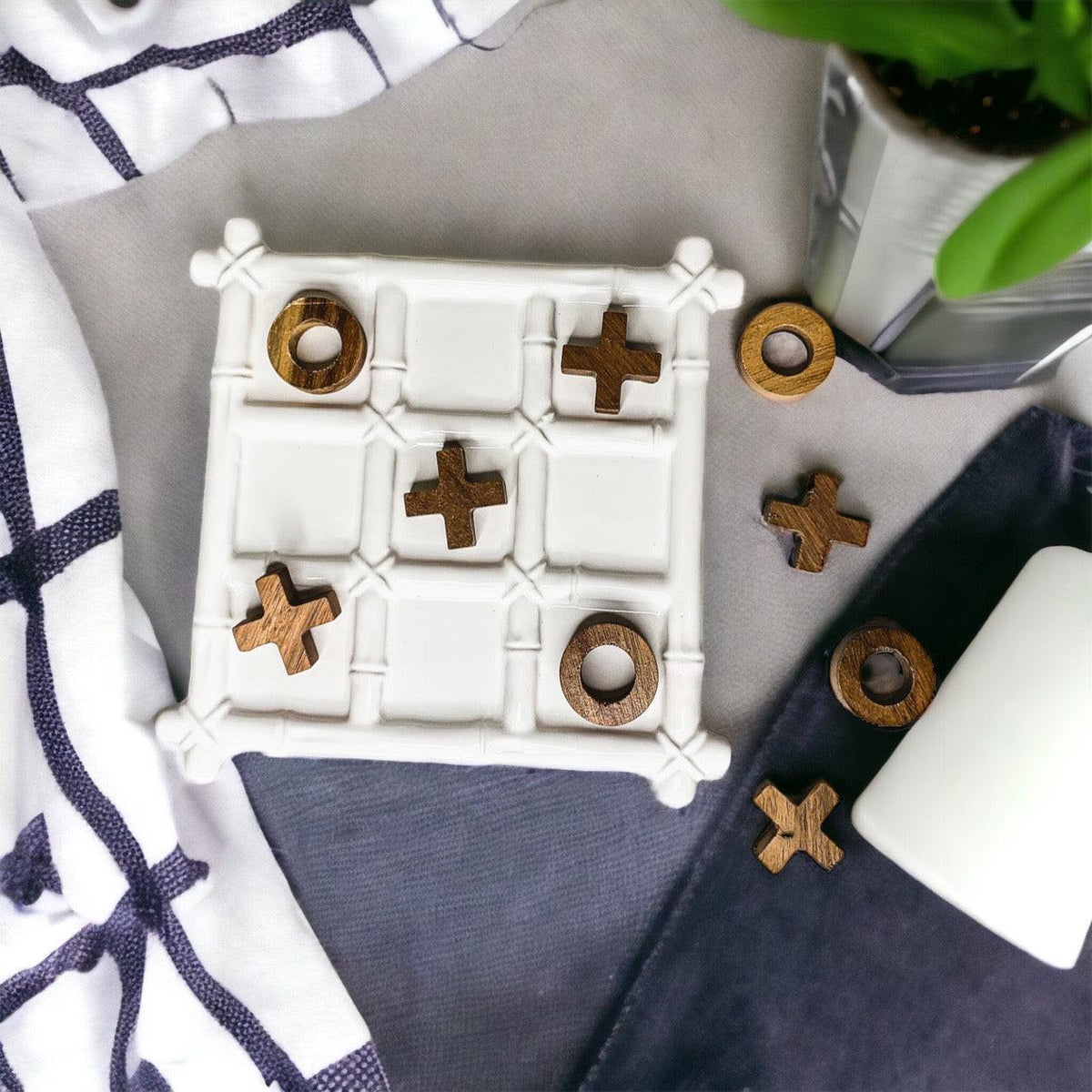 Faux Bamboo Ceramic & Acacia Wood Tic Tac Toe Game