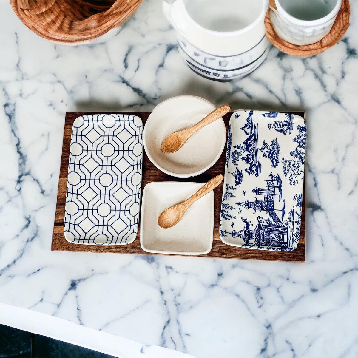 Chinoiserie Porcelain/Acacia Wood/Bamboo Tapas Serving Set