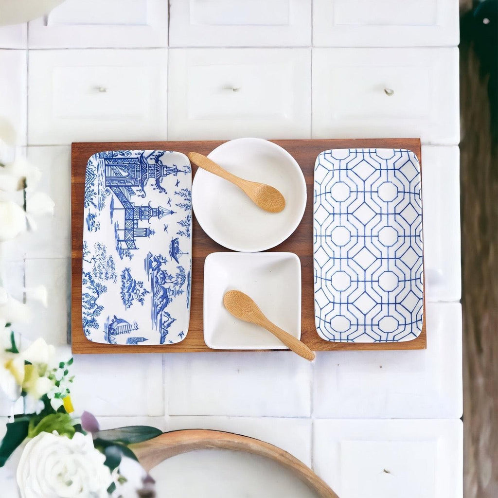 Chinoiserie Porcelain/Acacia Wood/Bamboo Tapas Serving Set
