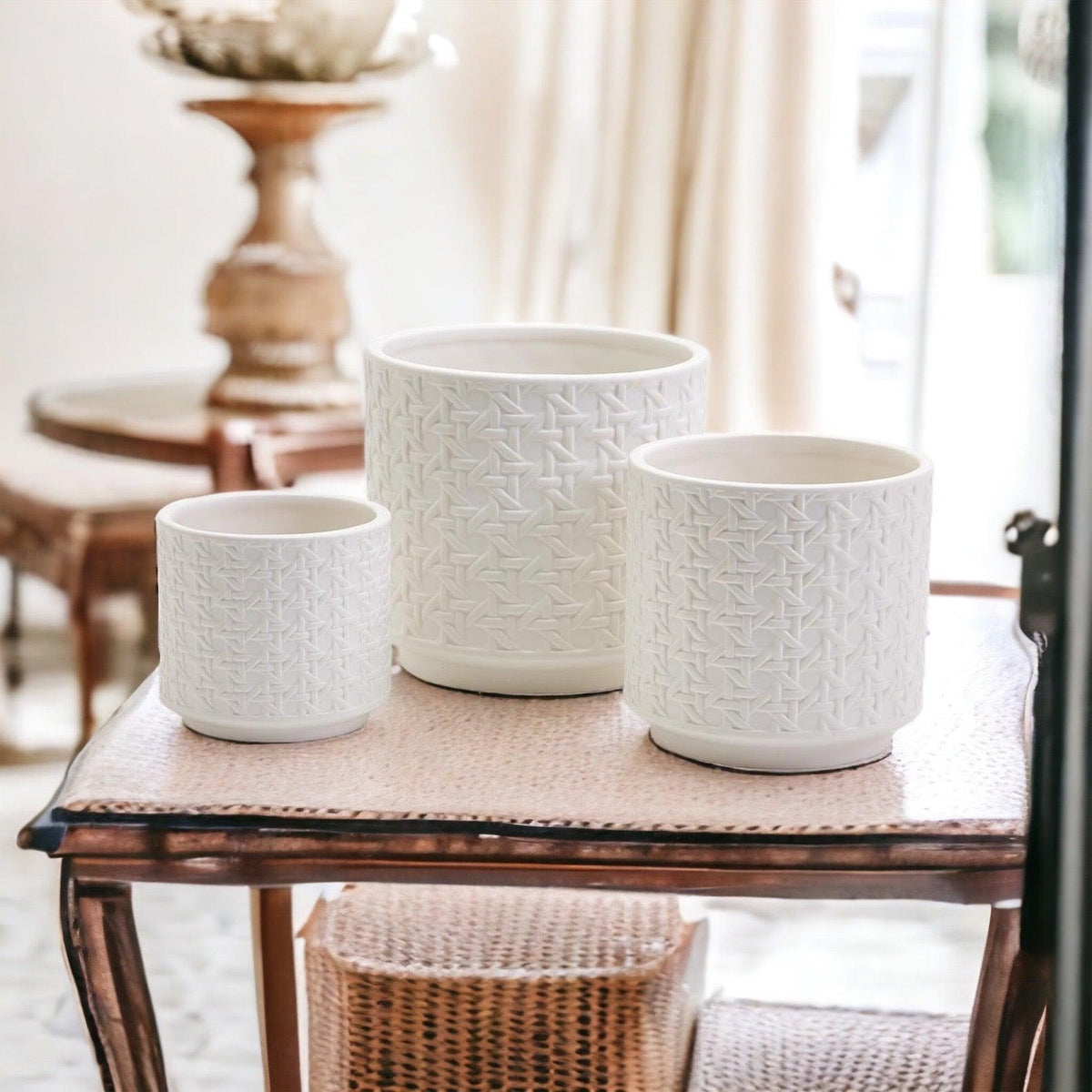 Handmade Cane Webbing Pattern Ceramic Planter — Select Your Size