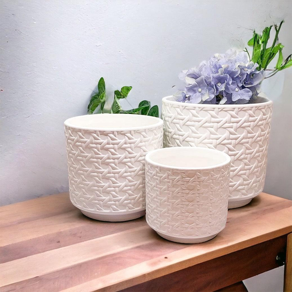 Handmade Cane Webbing Pattern Ceramic Planter — Select Your Size