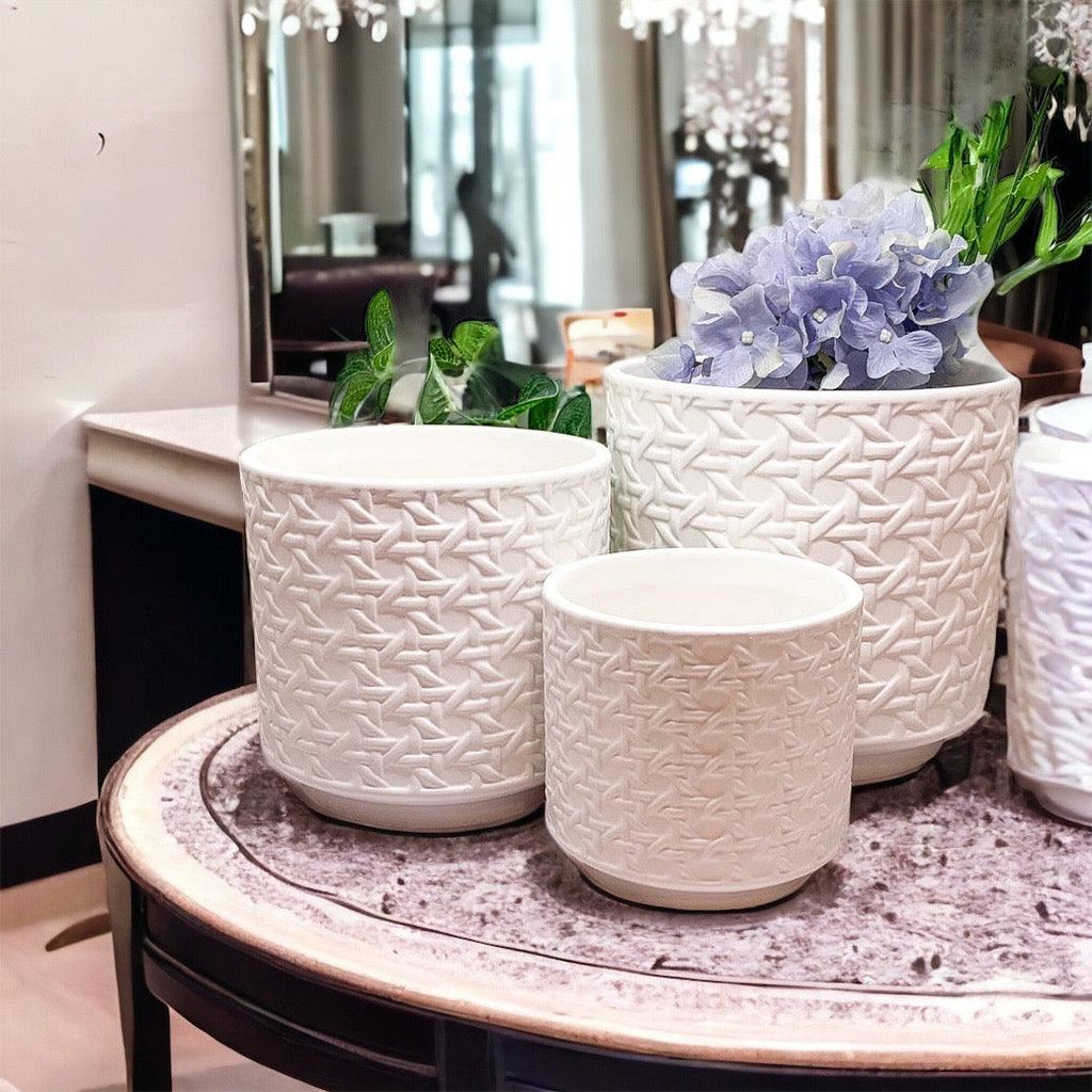 Handmade Cane Webbing Pattern Ceramic Planter — Select Your Size
