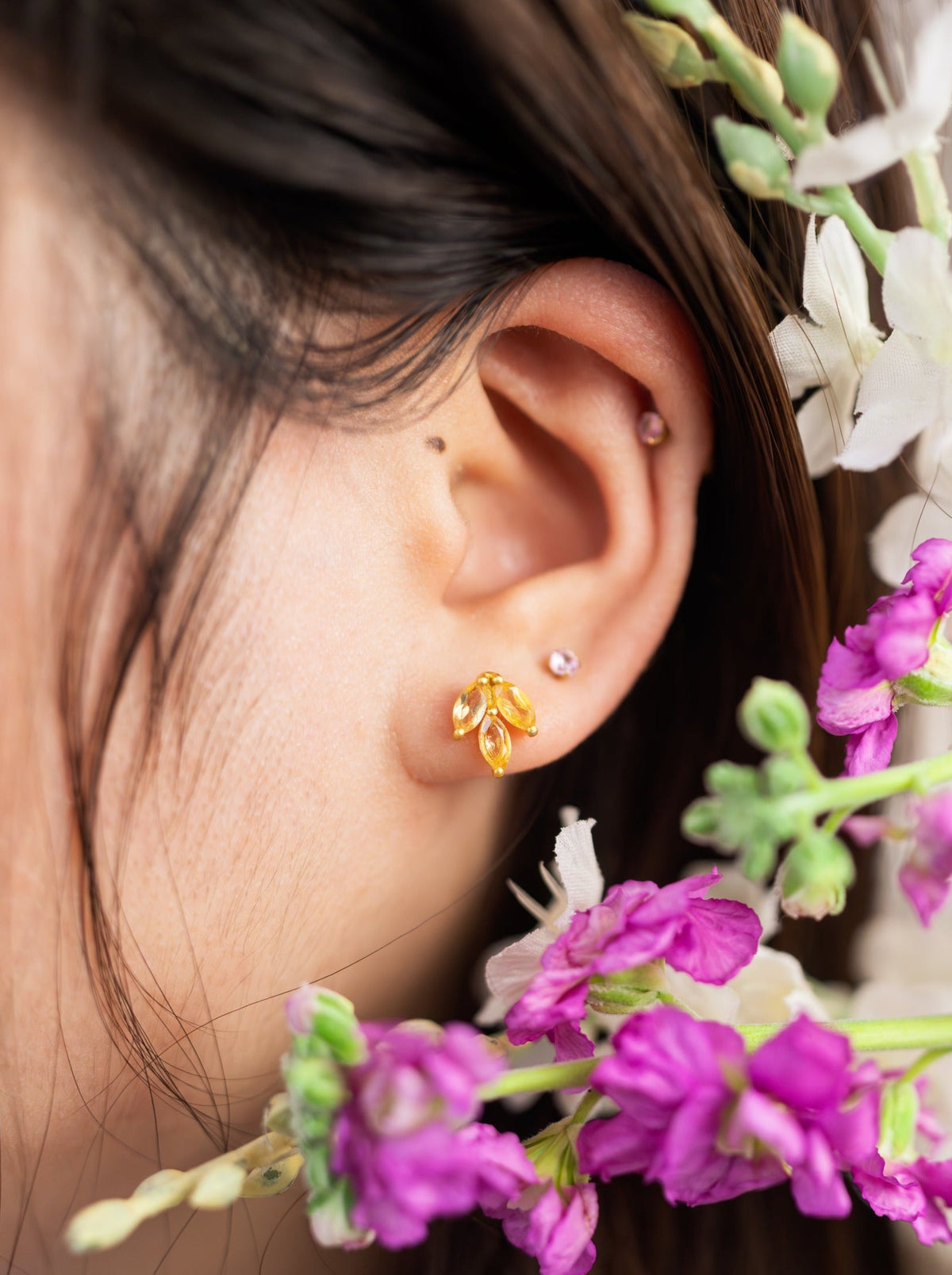 Tri Leaf Stud Earrings — Select Your Gemstone
